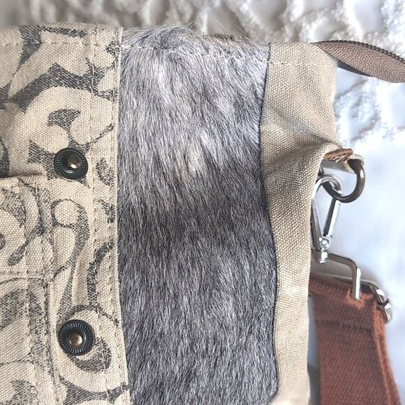 Myra Calf Hair/Canvas Distressed Crossbody Messenger Bag - Picture 12 of 16